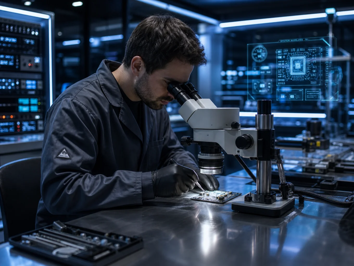 Technician testing high-end electronics in a professional laboratory setting